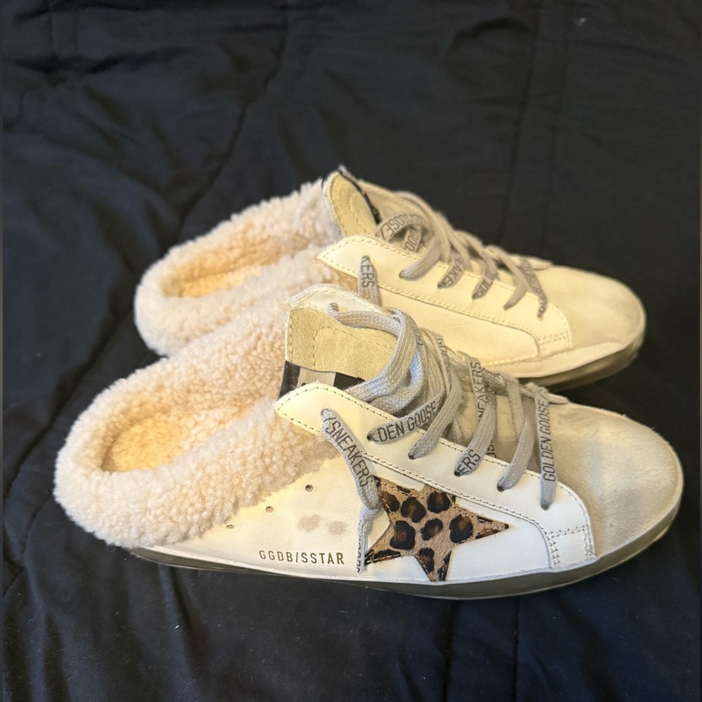 Golden Goose White and Gray Sneakers with Leopard Detail
